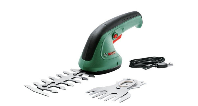 Tijera EasyShear de Bosch con cuchas cortasetos y cortacesped, cargador por USB