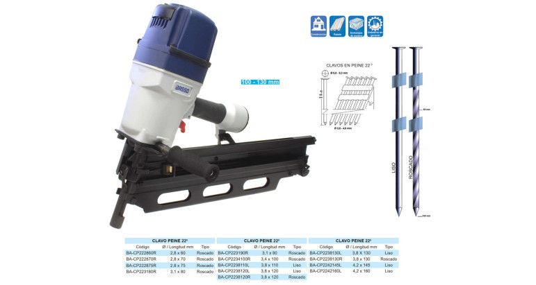 CLAVADORA NEUMATICA PEINE 22º de 100 a 130 mm BASSO BEX-A22130A1