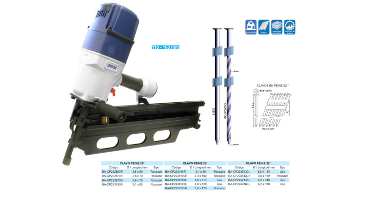 CLAVADORA NEUMATICA CLAVO PEINE 22º de 110 a 160 mm BASSO BEX-A22160A1