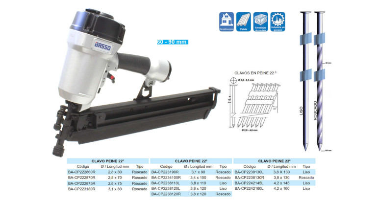 CLAVADORA NEUMATICA CLAVO PEINE 22º BASSO BEX-A2290A1