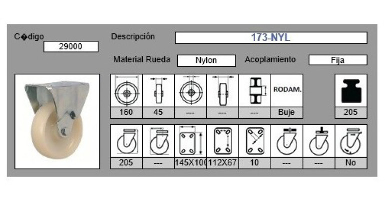 Medidas rueda nylon con soporte fijo
