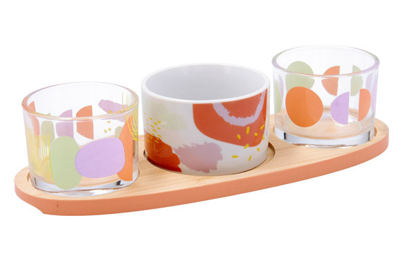 BANDEJA APERITIVOS 3 CUENCOS MULTIMATERIAL KALEIDO 2 BOL CRISTAL 1 PORCELANA SURTIDO