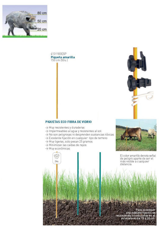 PIQUETA FIBRA AMARILLA 150CM + AISLADOR 50UDS