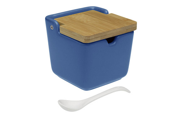 AZUCARERO CERAMICA TAPA BAMBU + CUCHARA AZUL-8,8X8,8X8,5CM
