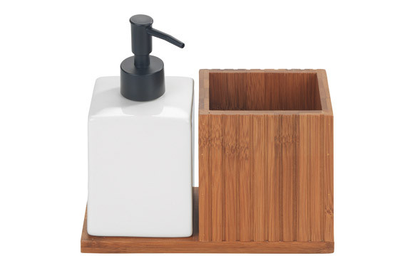DOSIFICADOR JABON MERA + PORTACEPILLO BAMBU, CERŒMICA, ABS
