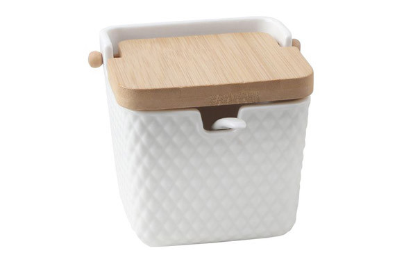 AZUCARERO PORCELANA GRABADA TAPA BAMBU + CUCHARA BLANCO ROMBOS