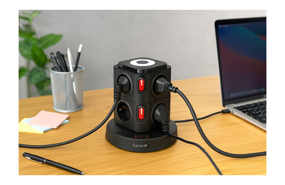 BASE MULTIPLE TORRETA 8 ENCHUFES USB A + 2 USB C NEGRO CON LUZ NOCTURNA