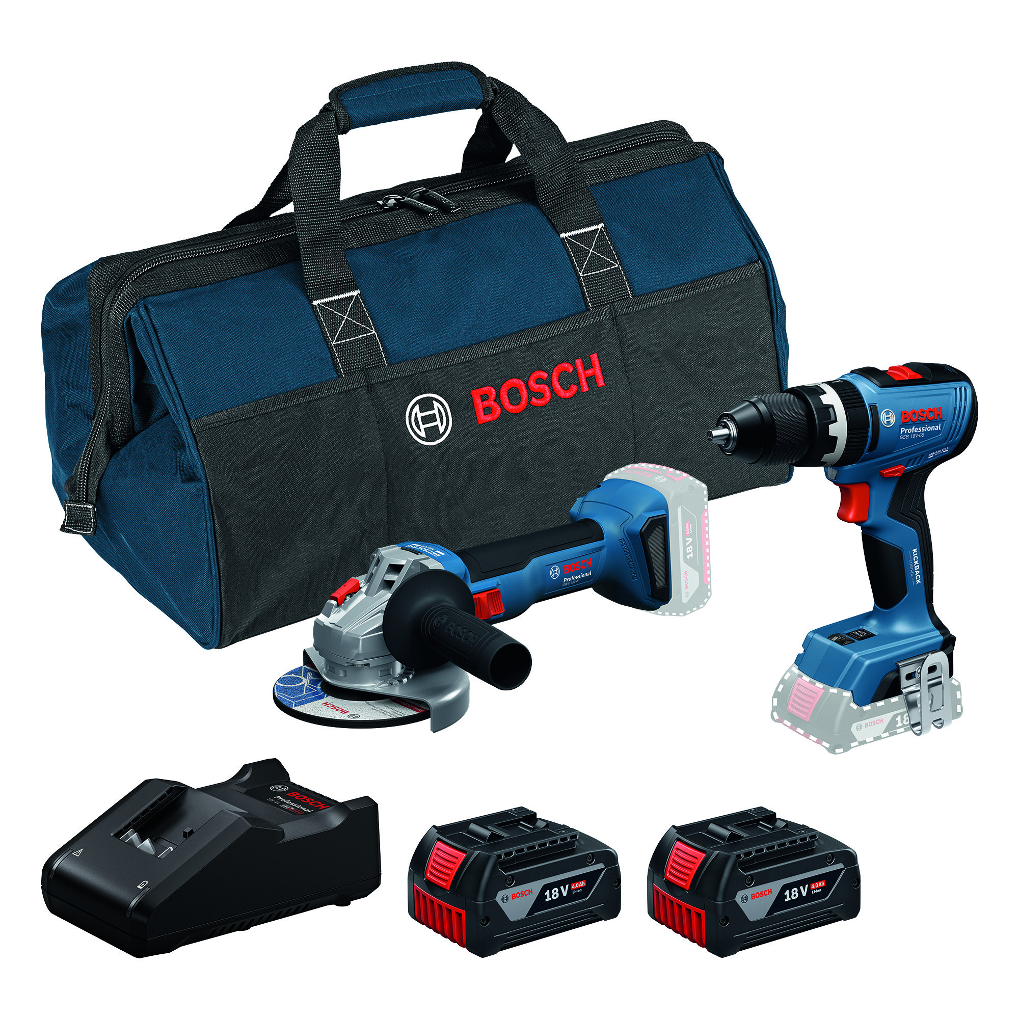 TALADRO ATORNILLADOR IMPACTO GSB 18V-65 + AMOLADORA GWS 18V-8 PROFESIONAL 2 BATERIAS + BOLSA