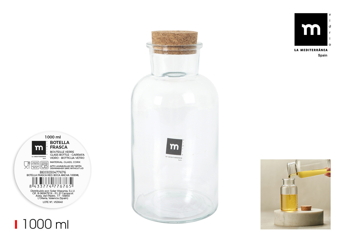 BOTELLA FRASCA BOCA ANCHA TAPA CORCHO 1L TRANSPARENTE