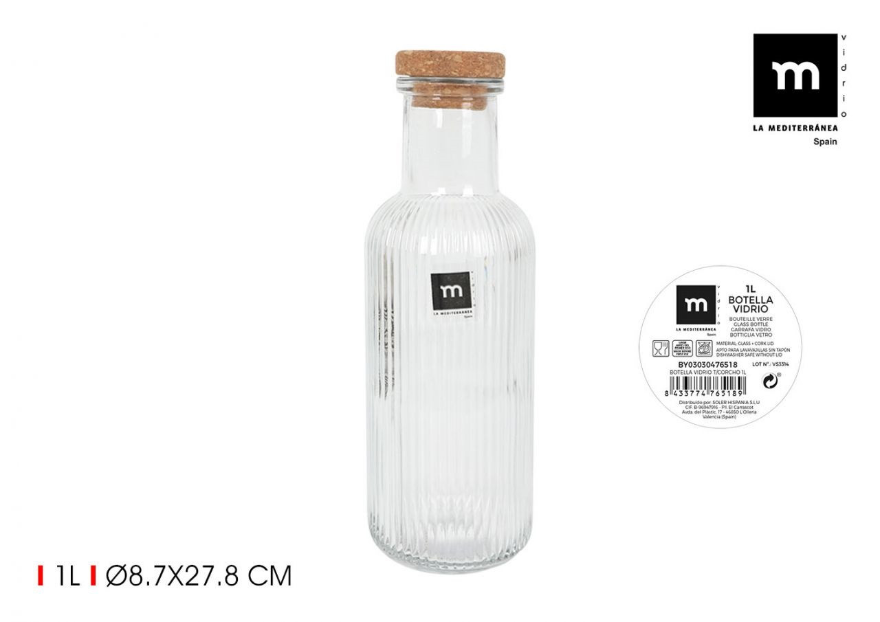 BOTELLA VIDRIO TAPA CORCHO 1L TRANSPARENTE