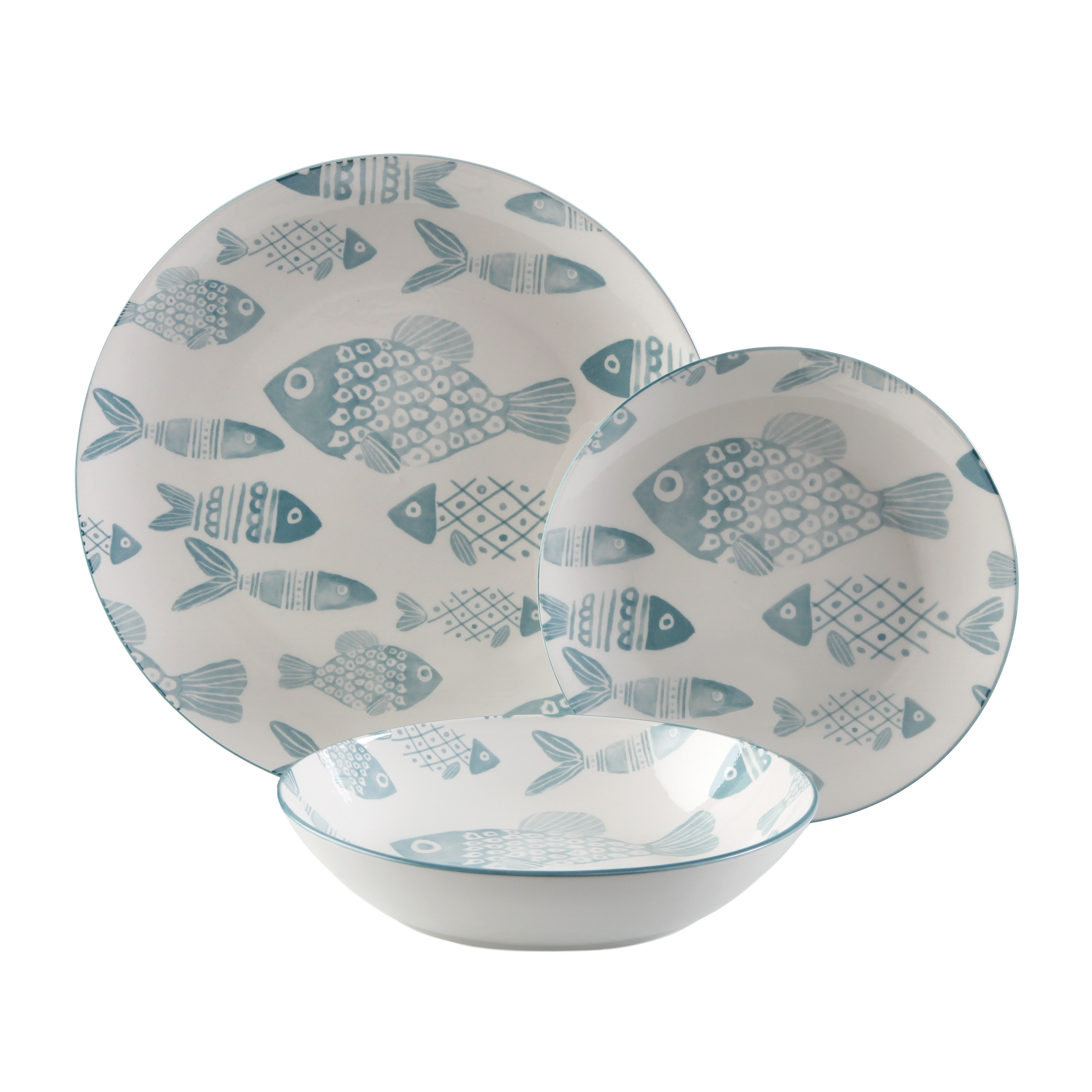 VAJILLA PORCELANA 18 PIEZAS PECES AZUL
