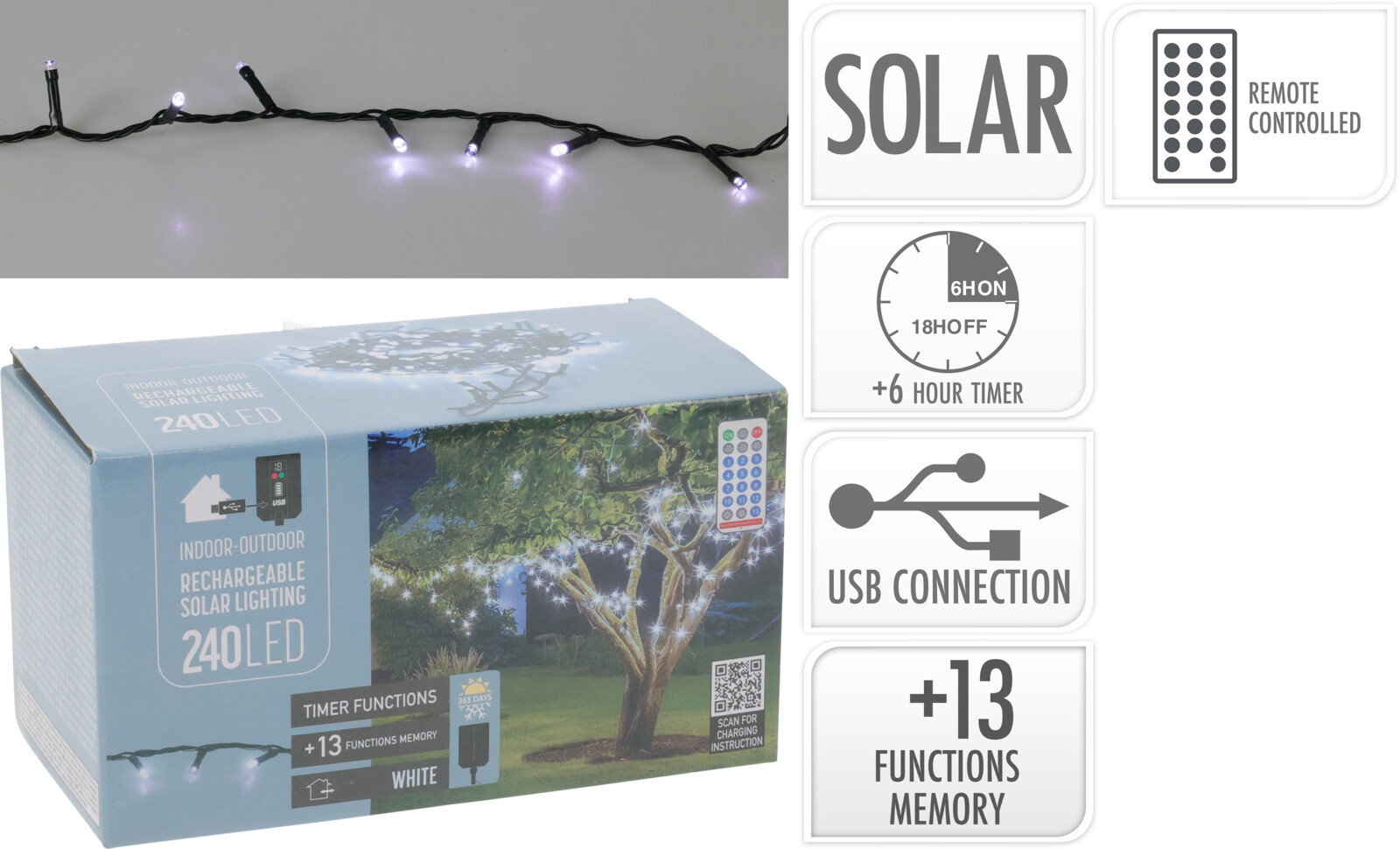 GUIRNALDA SOLAR RECARGABLE 240 LED 24V 230MAH 10,7+3M LUZ BLANCA