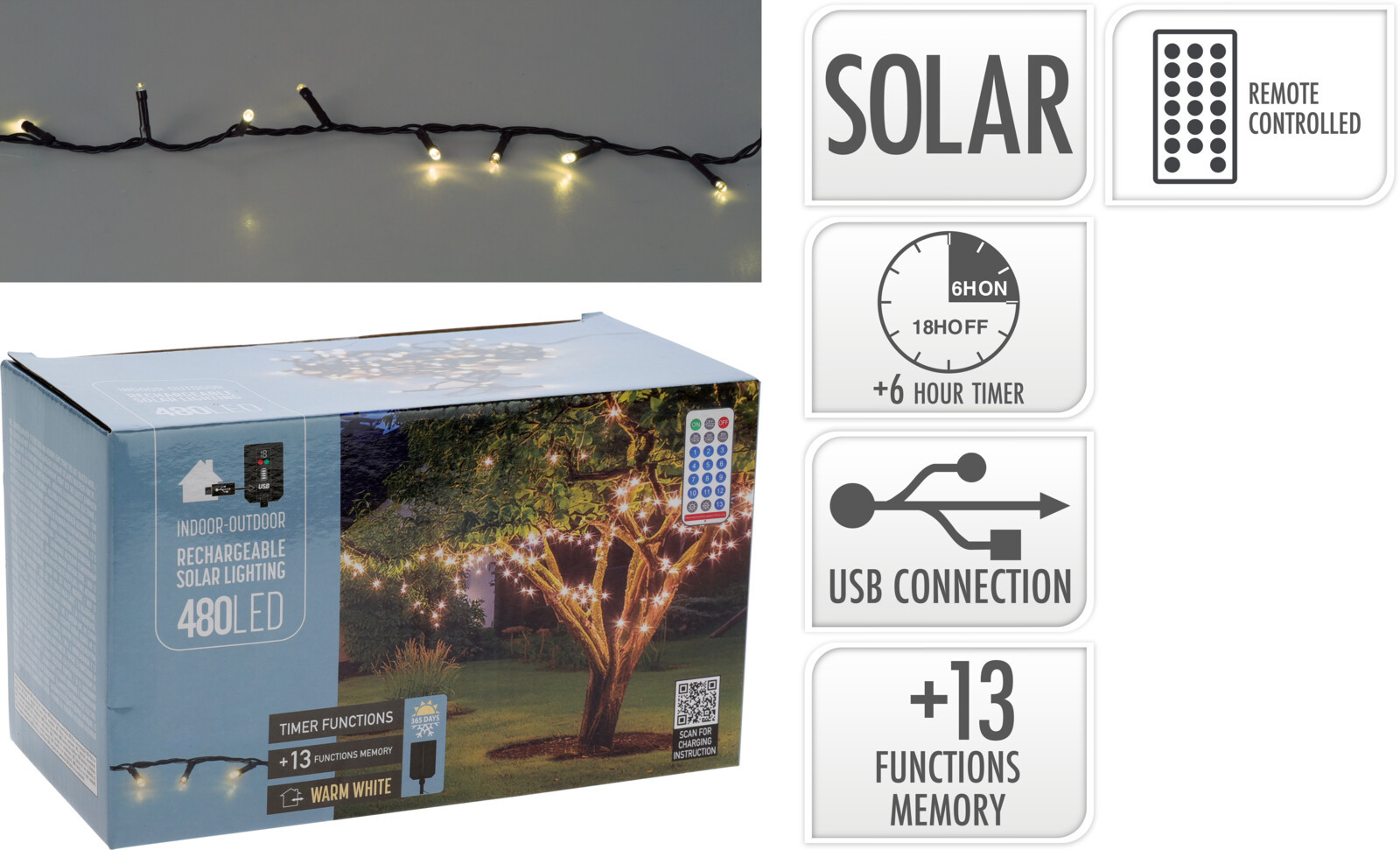GUIRNALDA SOLAR RECARGABLE 480 LED 24V 230MAH 21,5+3M LUZ BLANCA CALIDA