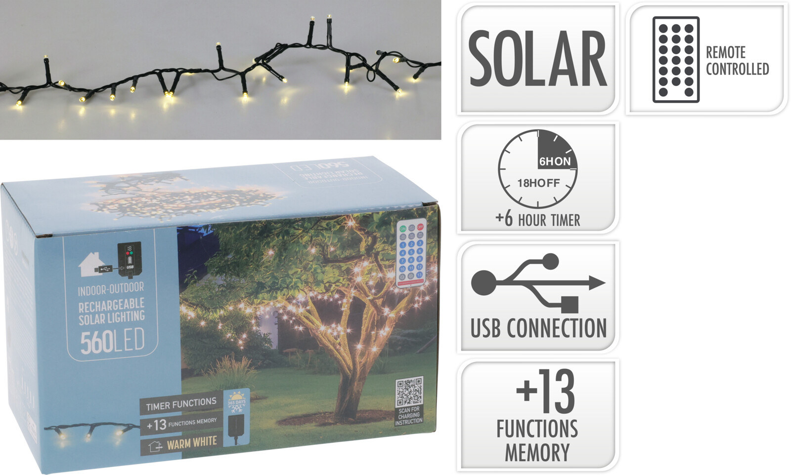 GUIRNALDA SOLAR RECARGABLE 560 LED 24V 230MAH 11+3M LUZ BLANCA CALIDA