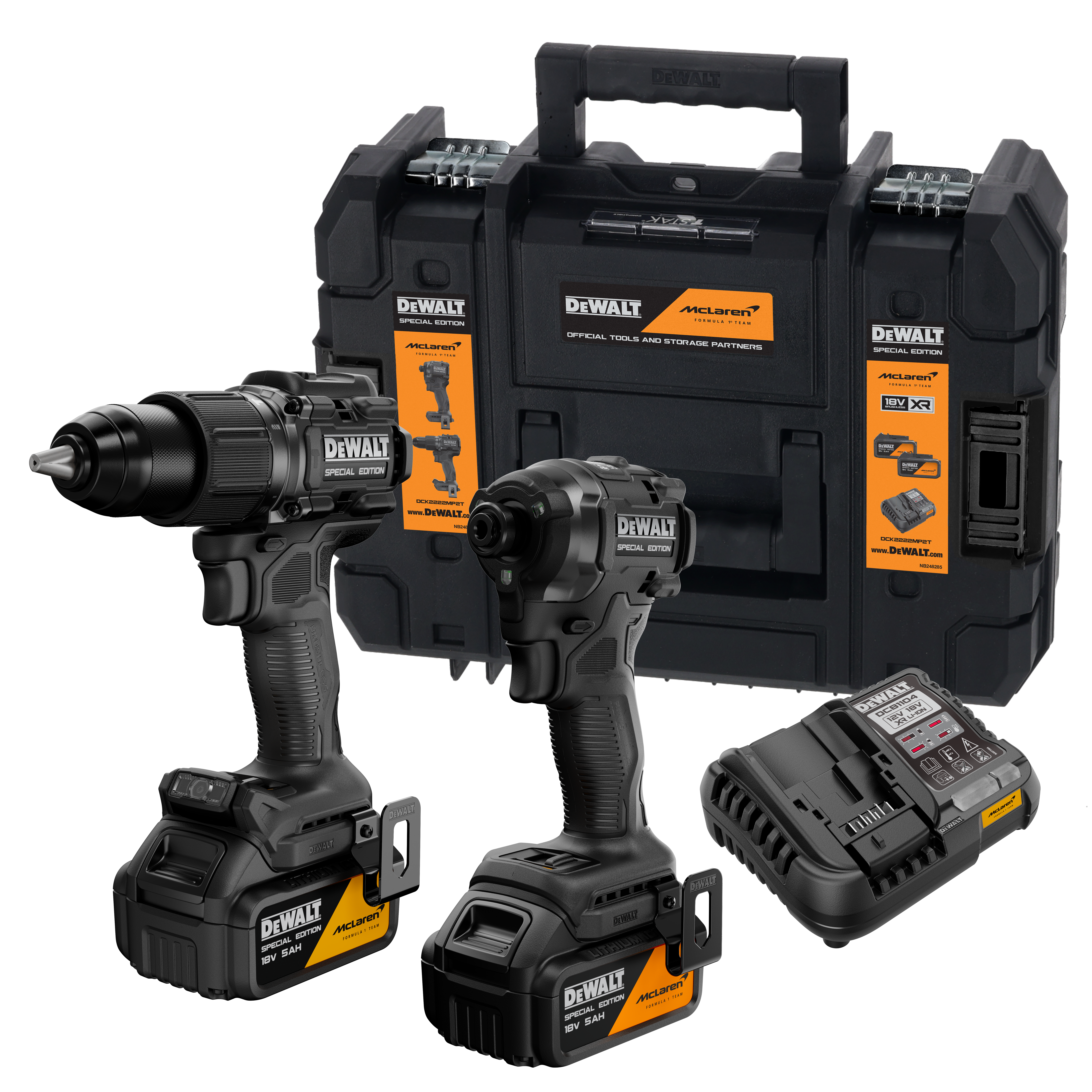 TALADRO PERCUTOR + ATORNILLADOR IMPACTO DCD86+DCF86 XR18V 2 BATEIAS 5AH +TSTAK MCLAREN