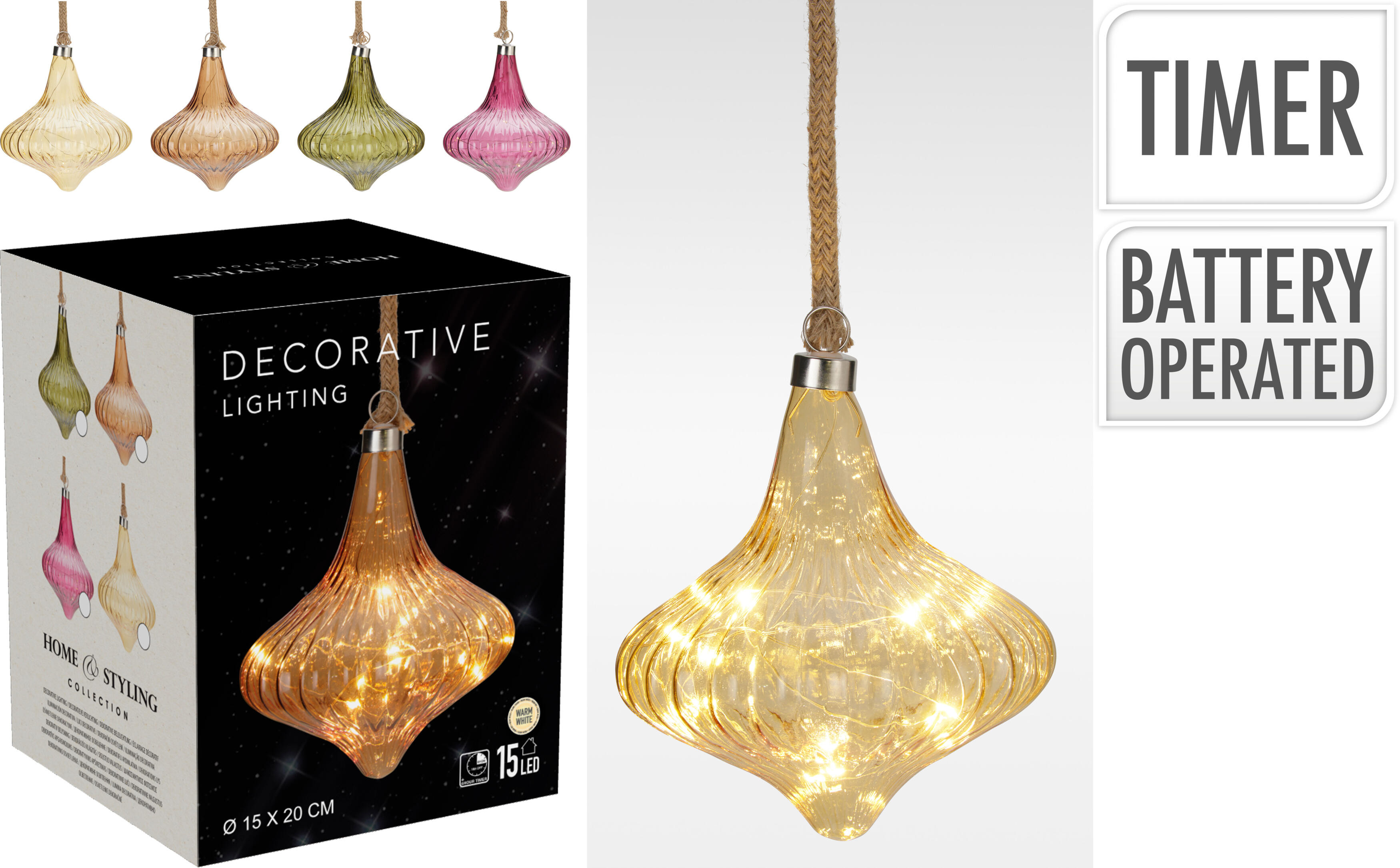 BOLA VIDRIO DECORATIVA FORMA CEBOLLA LEDS BATERIA TIMER 14.5X19.5CM SURTIDO 4 COL
