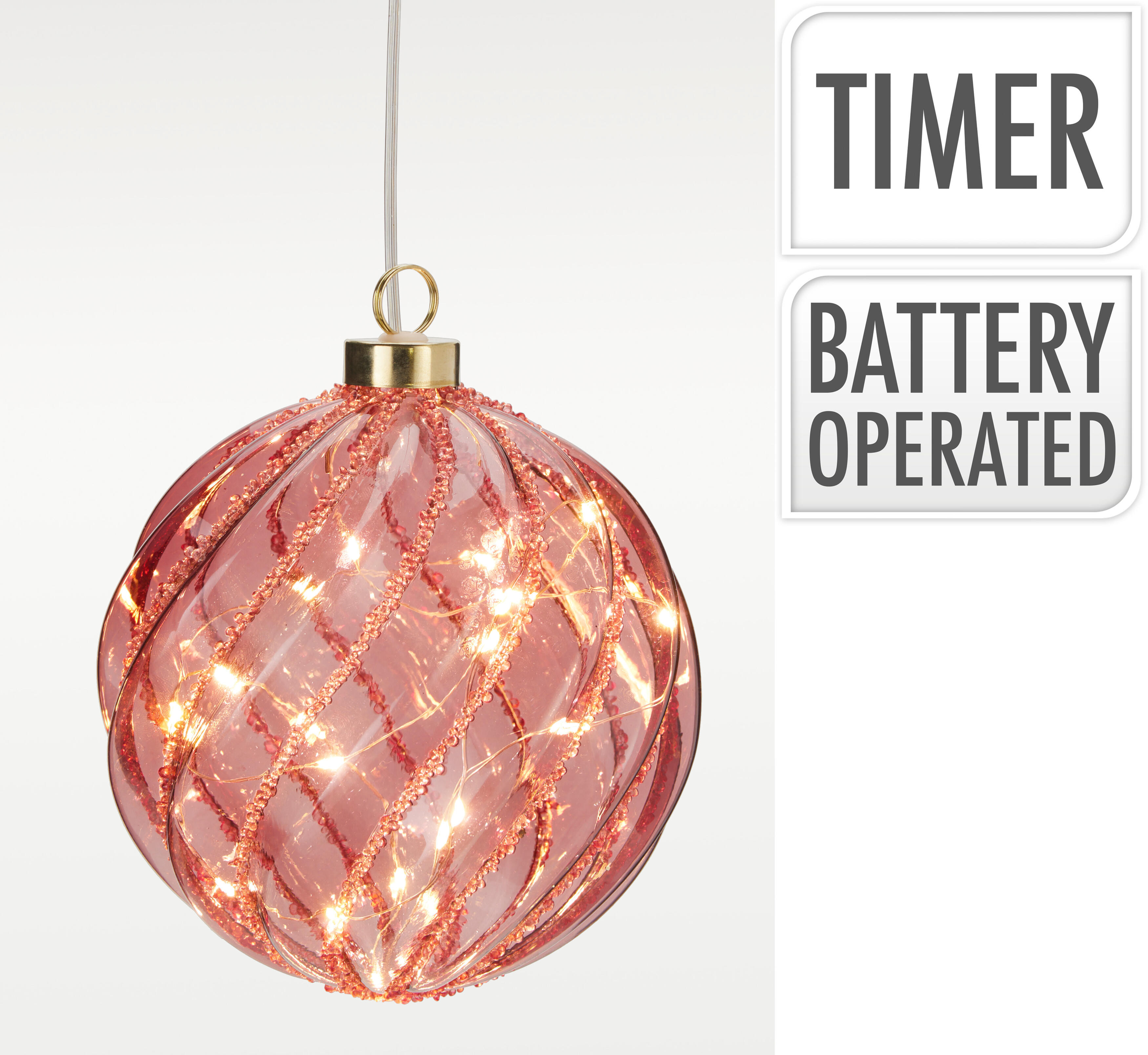 BOLA DECORATIVA VIDRIO LEDS TIMER A BATERIA 14CM BURGONDER ROMBOS