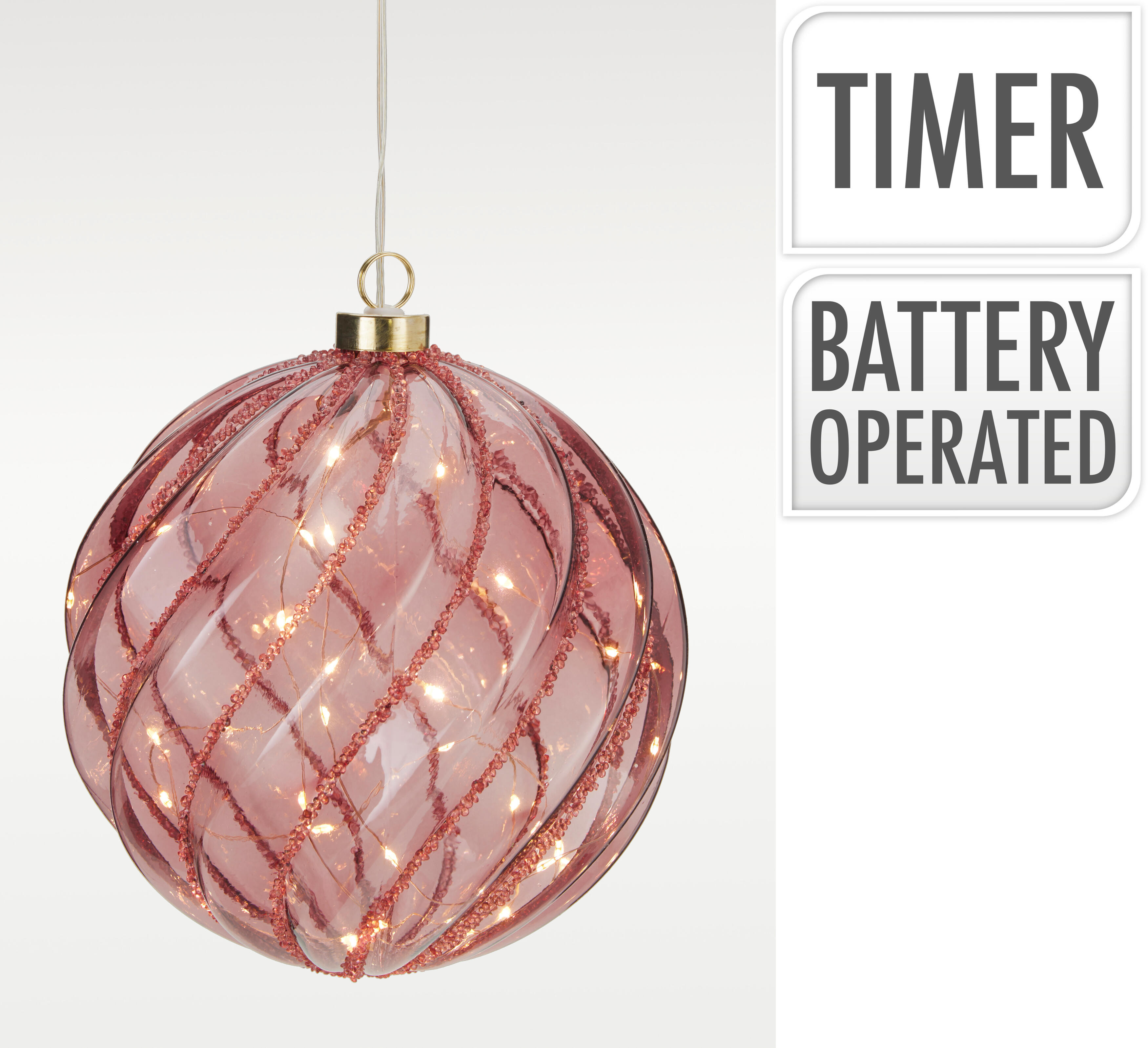 BOLA DECORATIVA VIDRIO LEDS TIMER A BATERIA 18CM BURGONDER ROMBOS