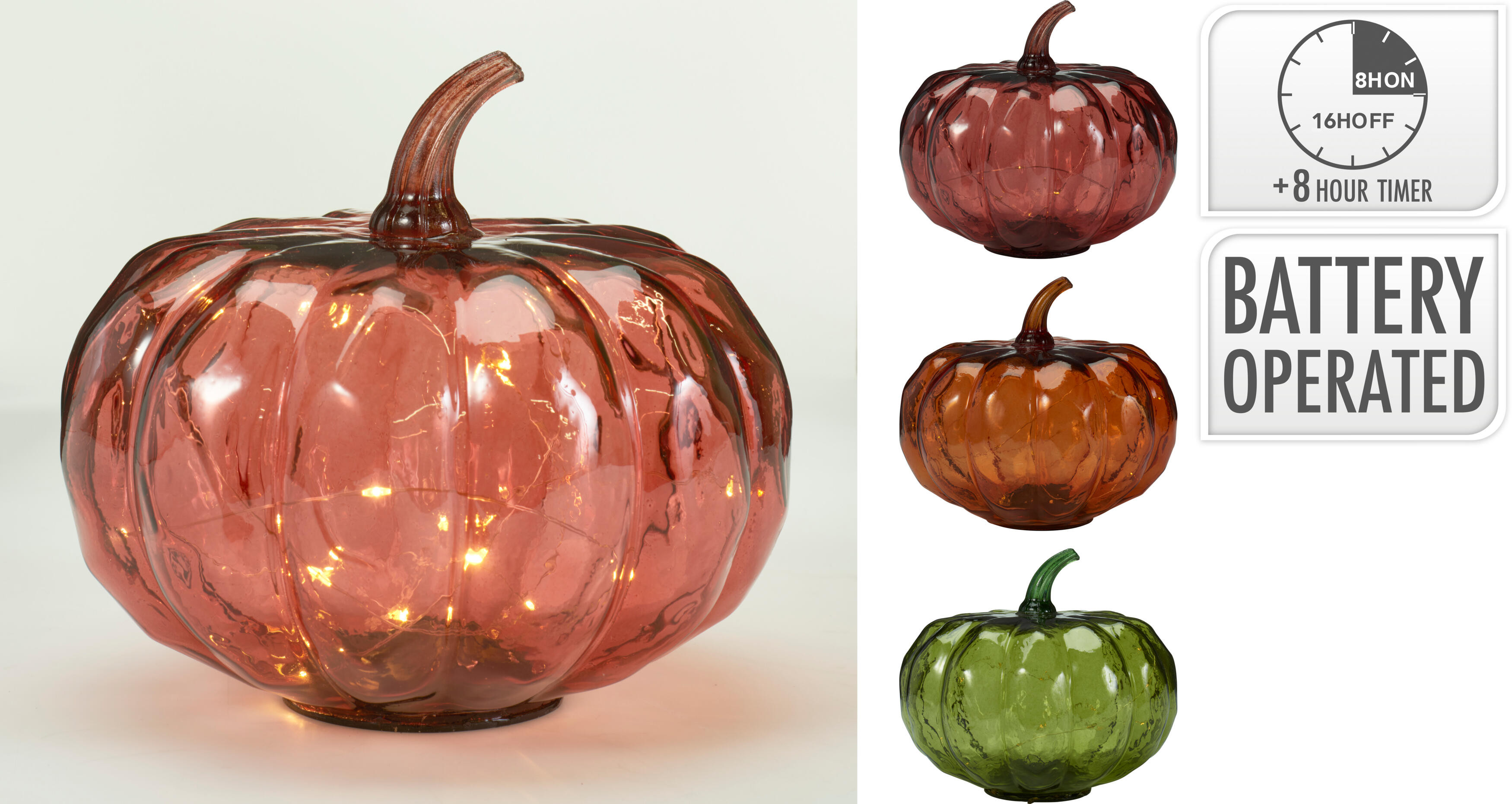 CALABAZA VIDRIO LEDS DECORACION TIMER A BATERIA 17CM SURTIDA 3 COLORES