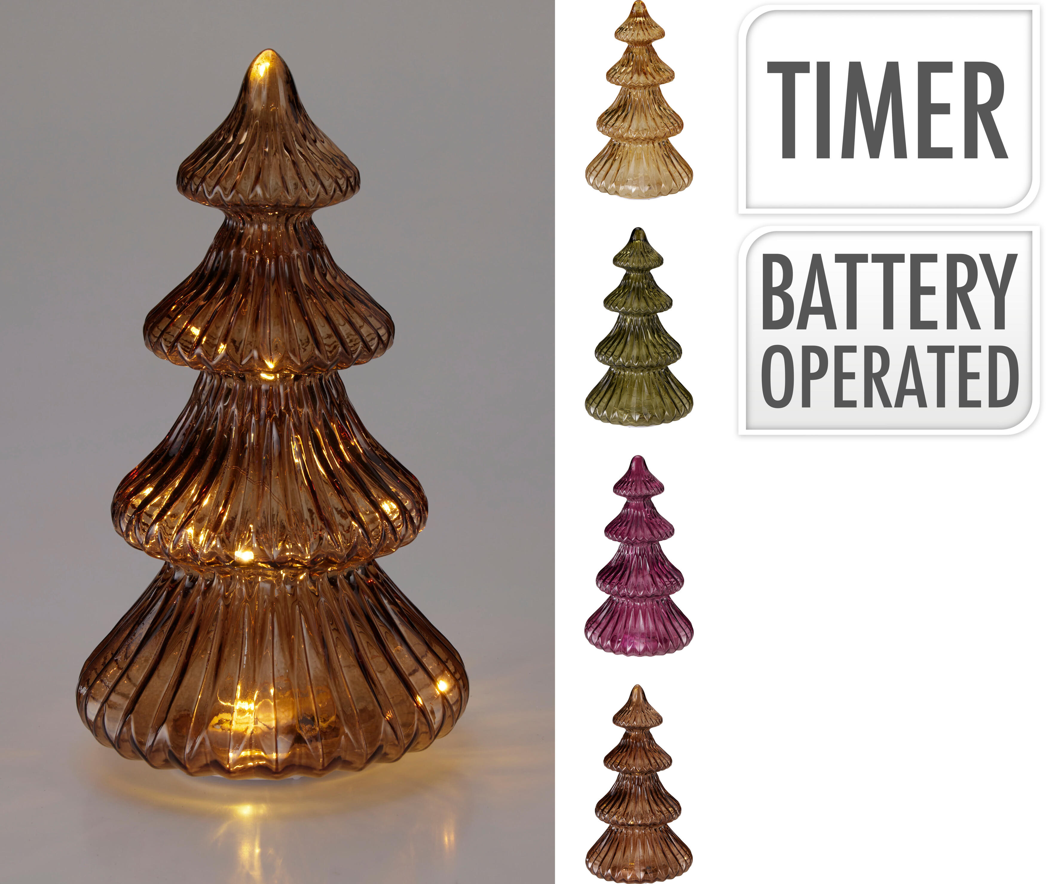 ARBOL VIDRIO LEDS TIMER A BATERIA 24CM SURTIDA 4 COLORES