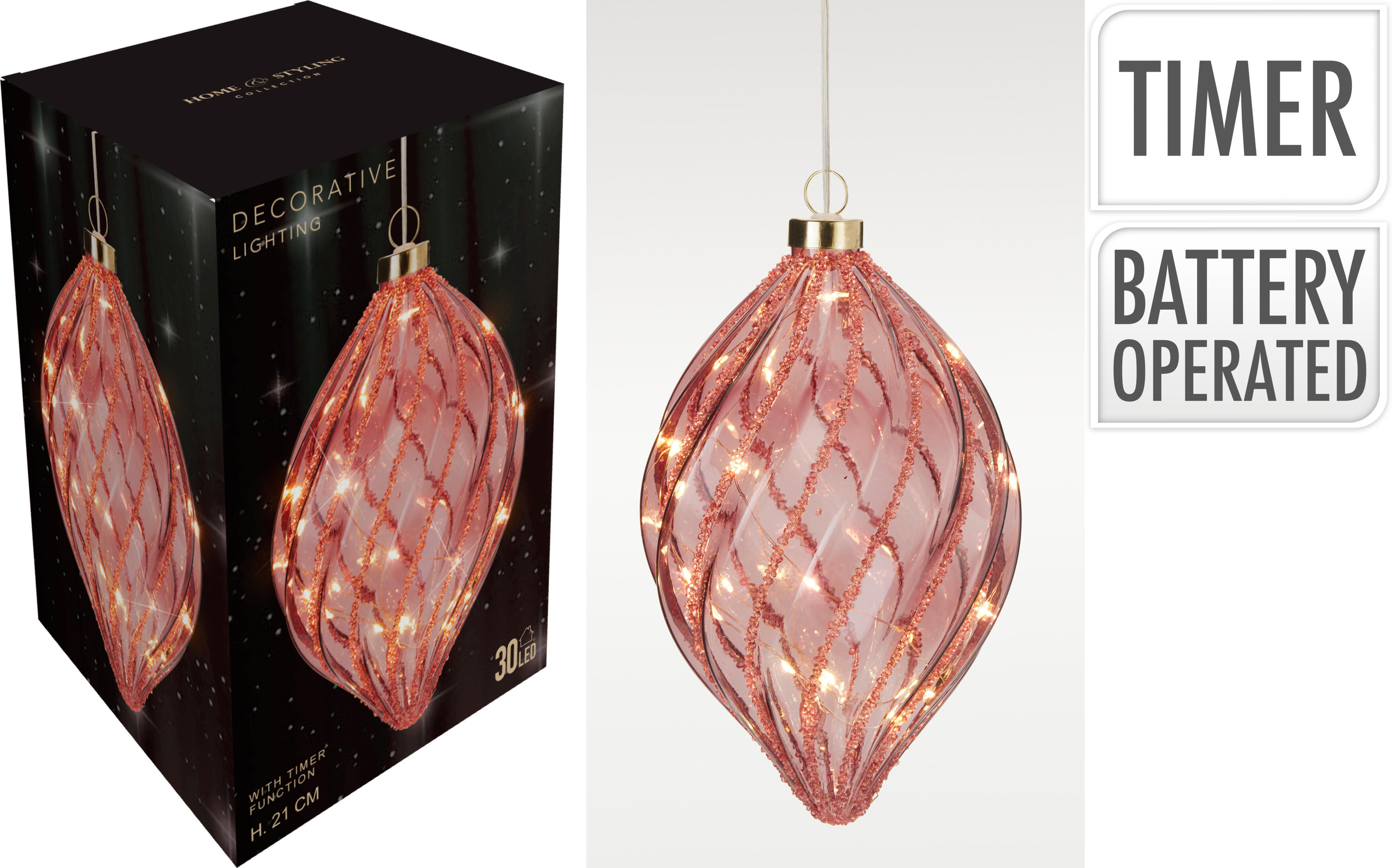 BOLA DECORATIVA VIDRIO LEDS FORMA GOTA TIMER BATERIA 13.5X21CM BURDEOS