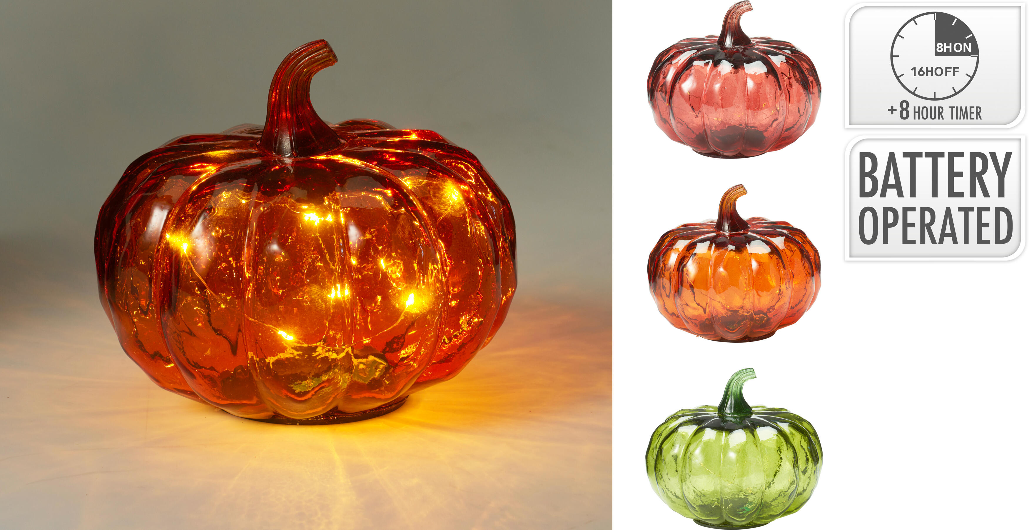 CALABAZA VIDRIO LEDS DECORACION TIMER A BATERIA 13CM SURTIDA 3 COLORES
