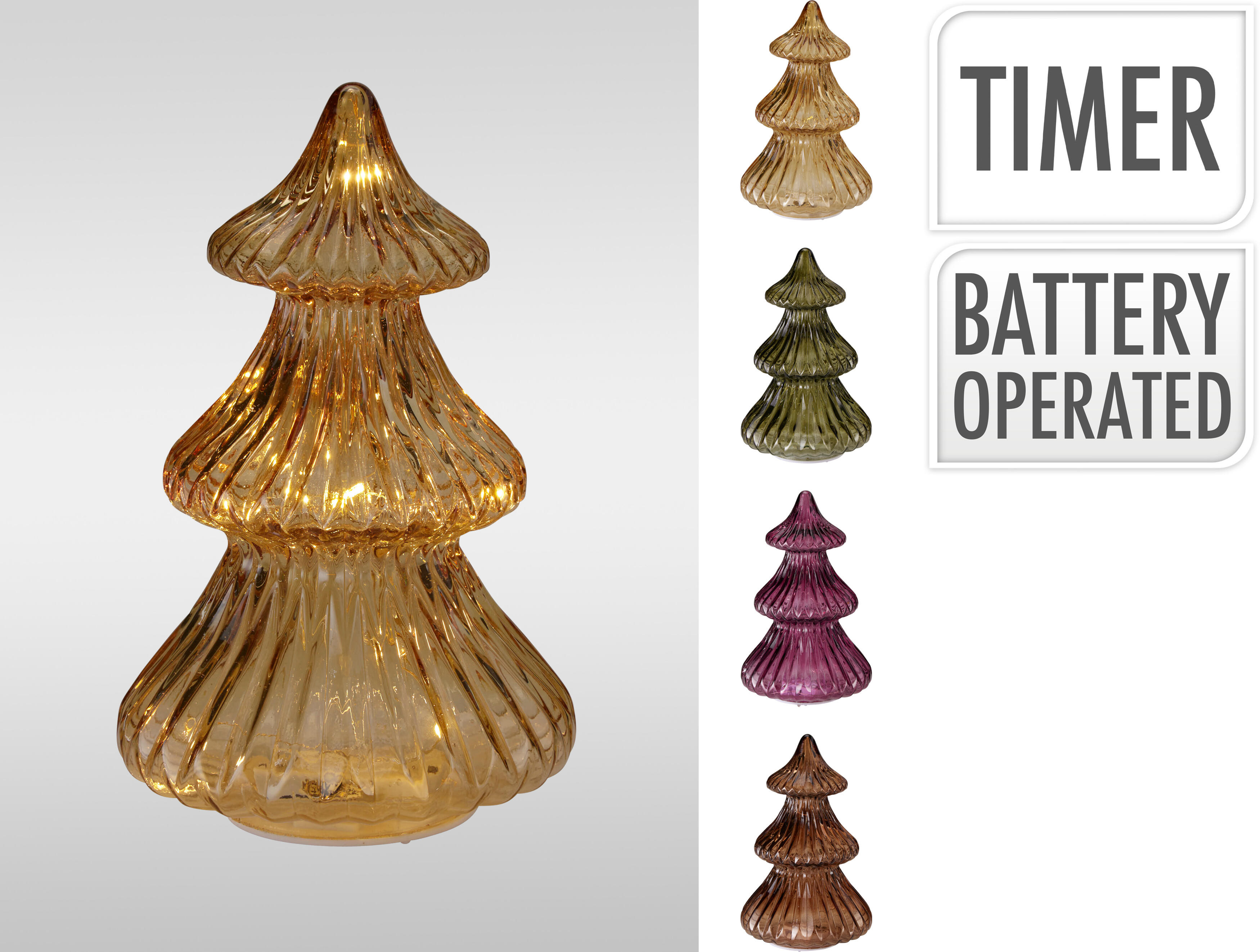 ARBOL VIDRIO LEDS TIMER A BATERIA 21CM SURTIDO 4 COLORES