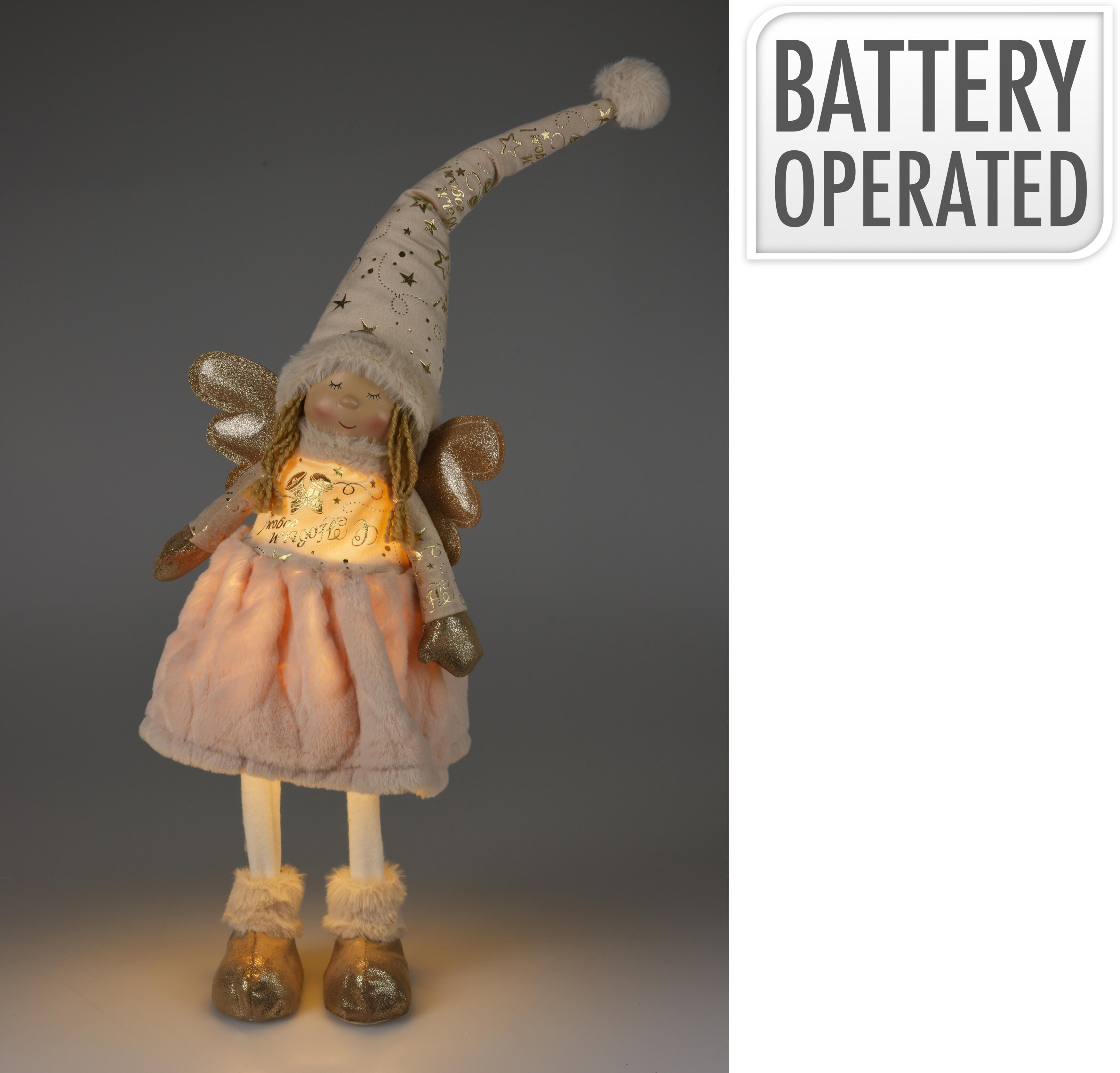 MUÑECO NAVIDAD CON LEDS ANGEL A PILAS MUÑECA DORADA 69CM