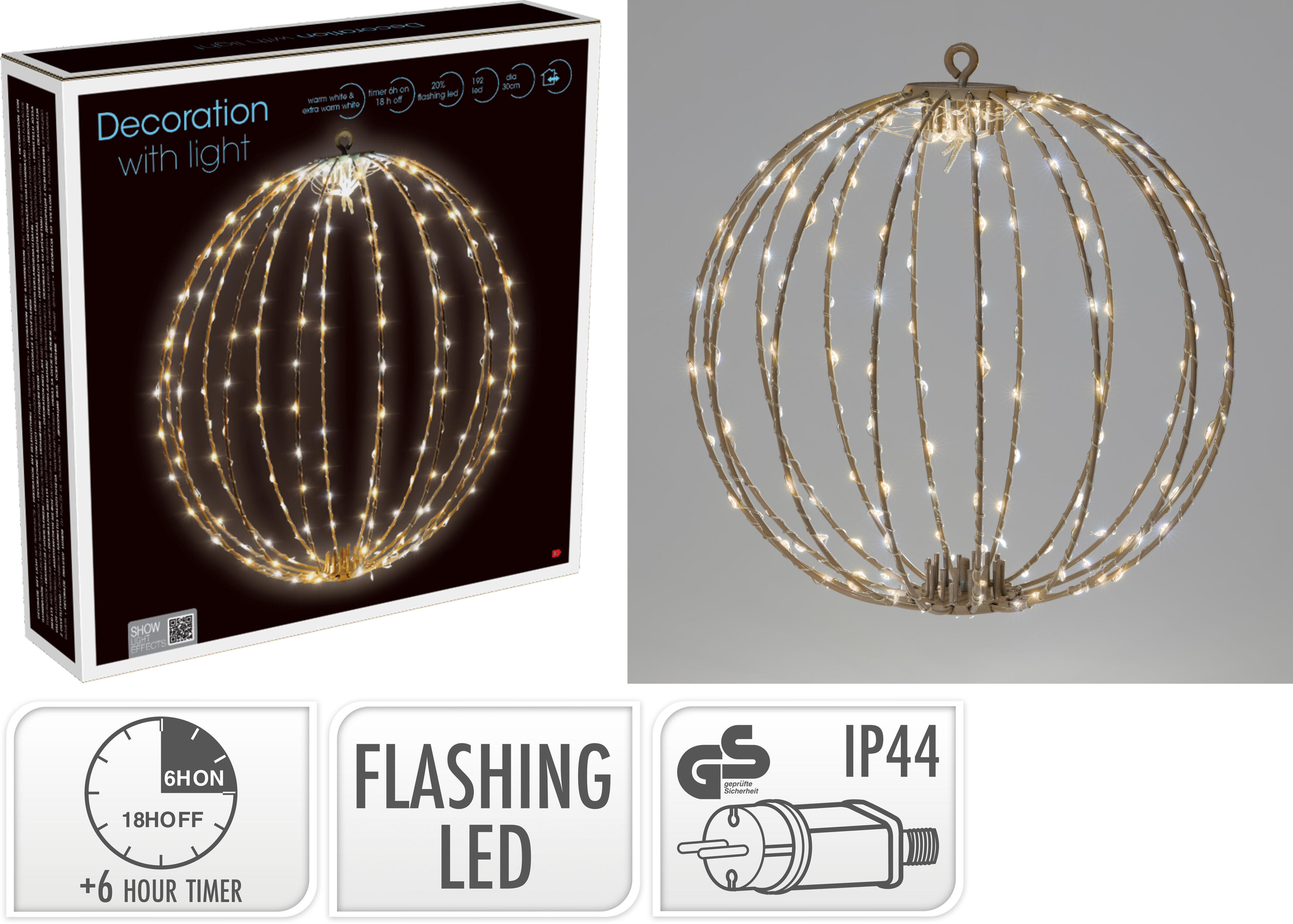 BOLA METAL LED PLEGABLE CON PROGRAMADOR TIMER FLASH 30CM-ORO