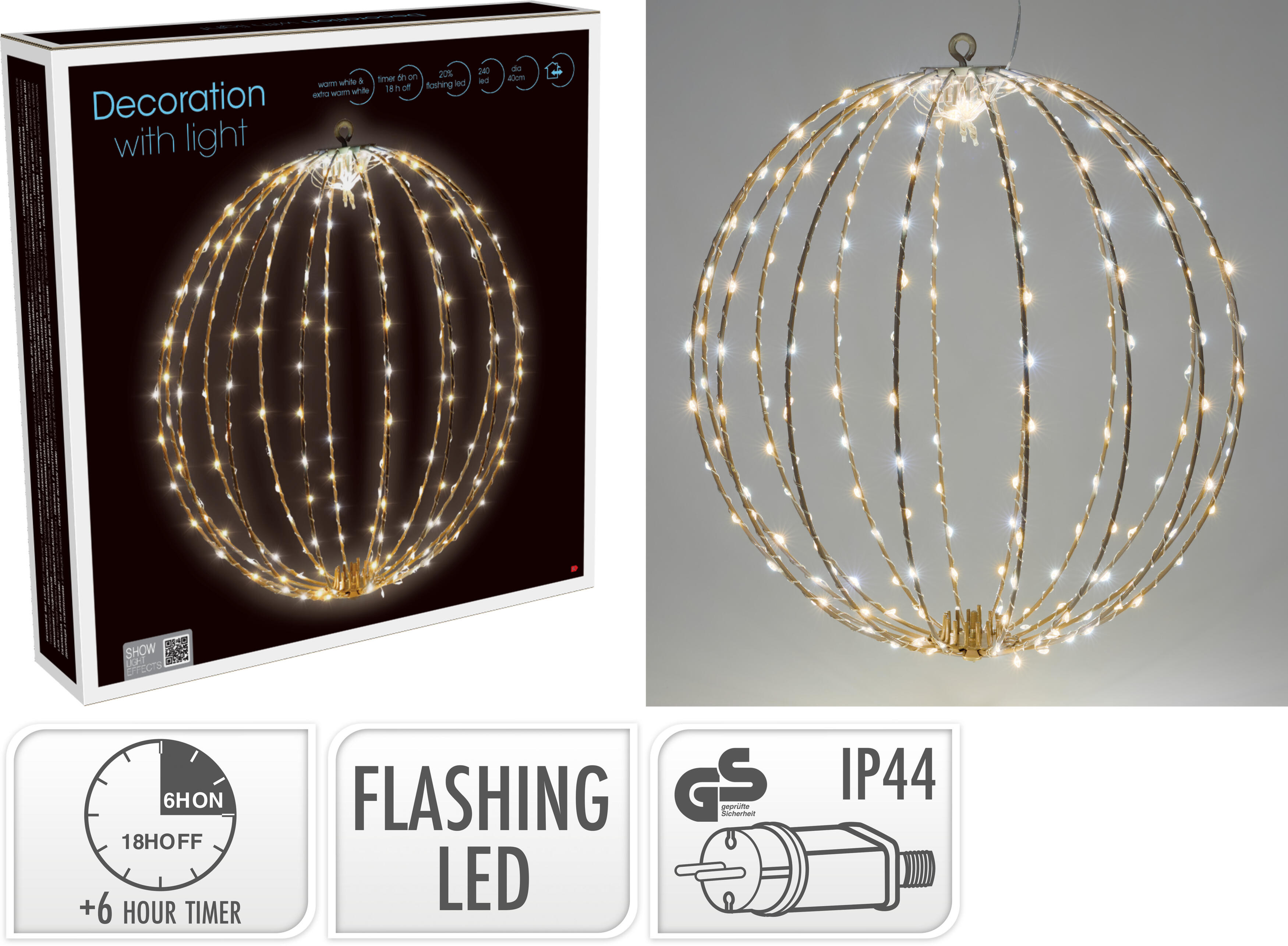 BOLA METAL LED PLEGABLE CON PROGRAMADOR TIMER FLASH 40CM-ORO