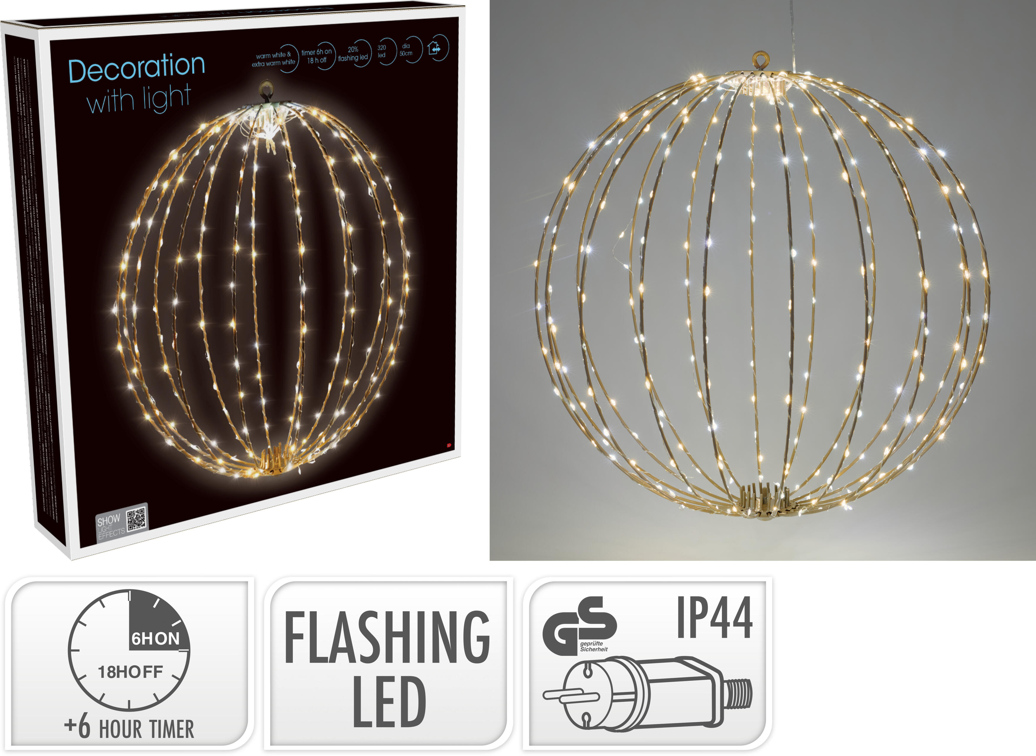 BOLA METAL LED PLEGABLE CON PROGRAMADOR TIMER FLASH 50CM-ORO