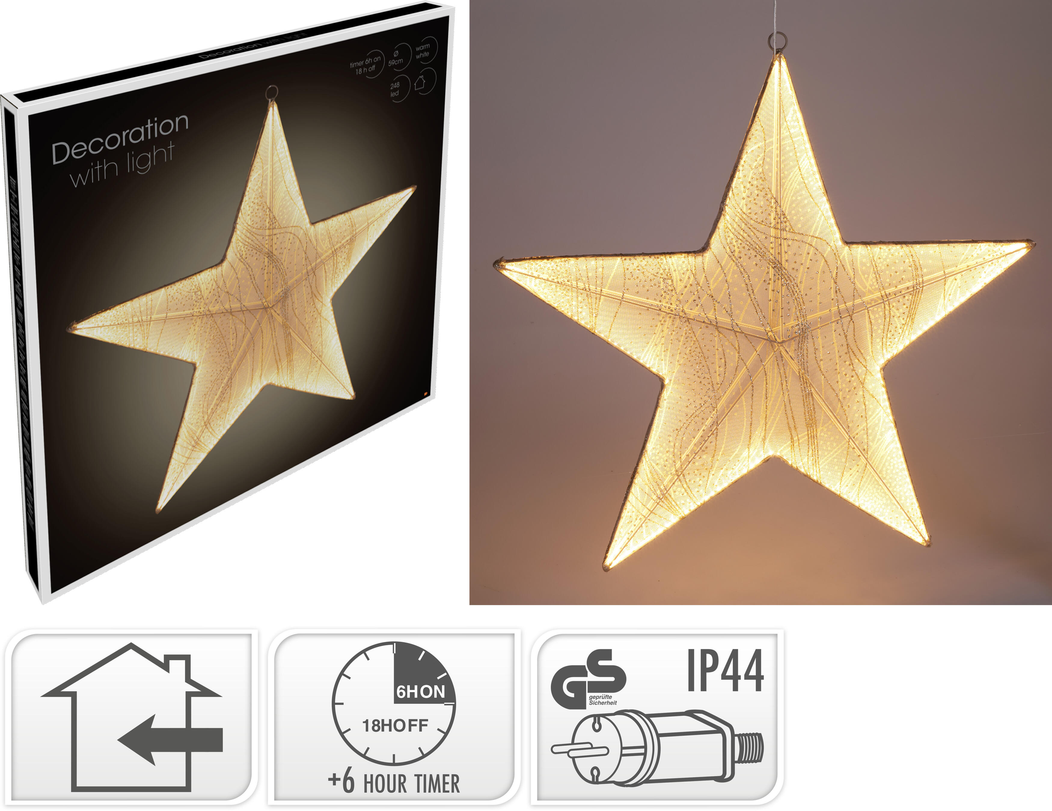 ESTRELLA COLGANTE LEDS CON PROGRAMADOR INTERIOR 59CM-DORADA