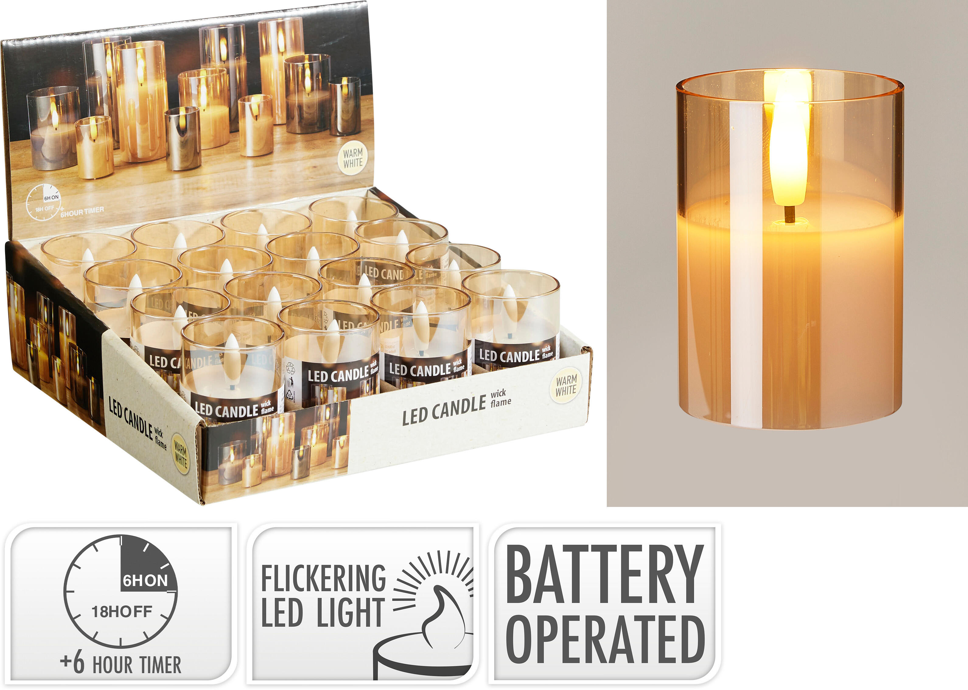 VELA LED EN CANDELABRO VIDRIO A PILAS TIMER 7CM AMBAR