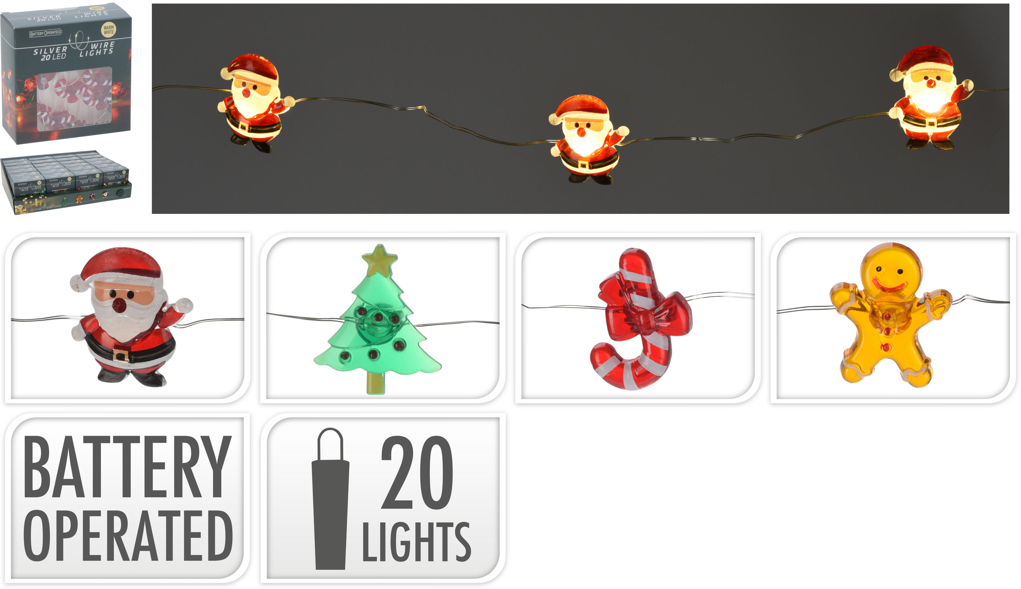 LUCES LED MOTIVOS NAVIDAD A PILAS 20 LUCES 4 MOTIVOS