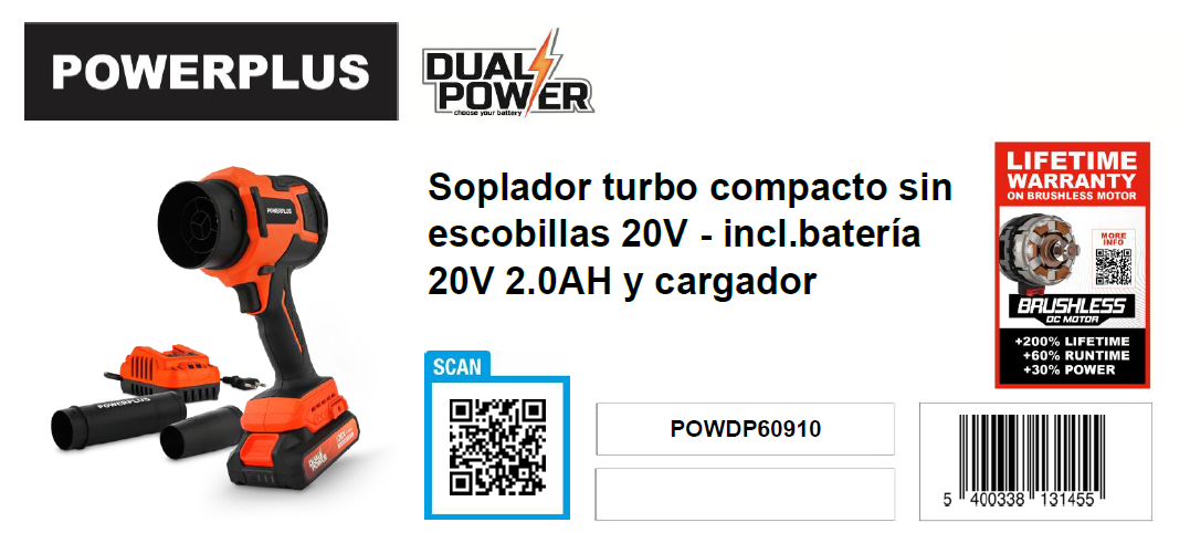 SOPLADOR TURBO COMPACTO 20V 2AH INCLUYE BATERIA