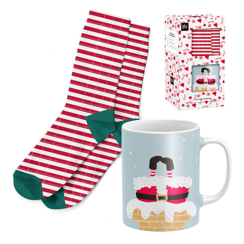 SET REGALO TAZA 300ML CON CALCETIN PAPA NOEL CERAMICA - POLIESTER