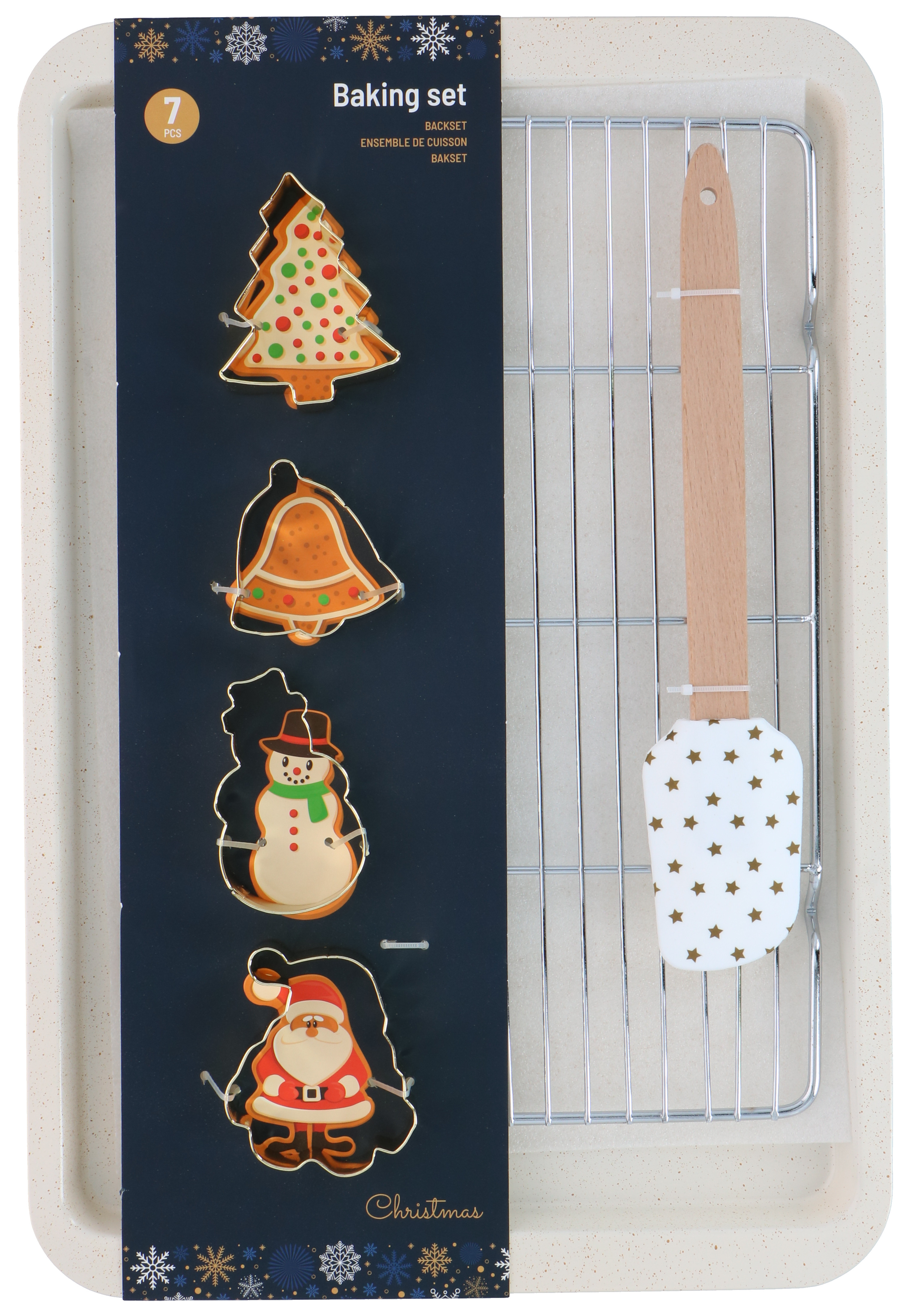 BANDEJA 43X29 + 4 CORTADORES+REJILLA +ESPATULA XMAS SET 7 UDS CREMA