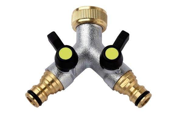 DERIVACION LATON EN \"Y\" 2 VIAS CON LLAVE DE PASO Y CONEXION RAPIDA