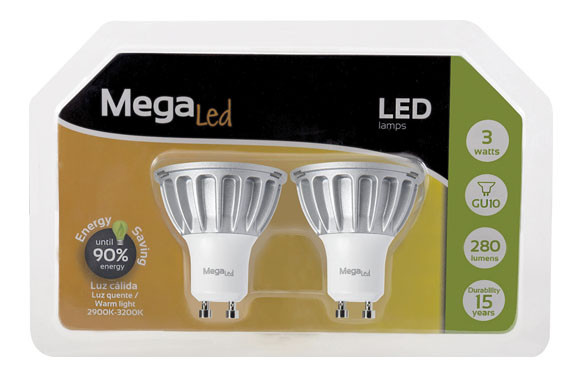 BOMBILLA LED DICROICA ALUM 3W-280LM 2 UNIDADES GU-10 LUZ CALIDA (3000K)