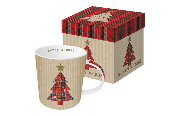 MUG BONE CHINA 0,35CL TARTAN TREE RED