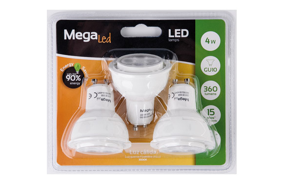 BOMBILLA DICROICA LED 4W-360LM 3 UNIDADES GU-10 LUZ CALIDA (3000K)