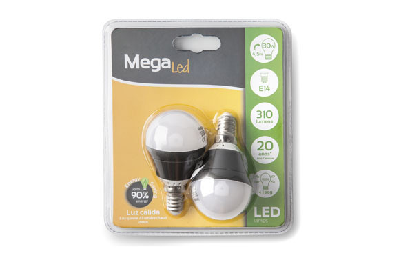 LAMPARA LED ESFERICA MINI 2 UNIDADES 4,5W E-14 LUZ CALIDA (3000K)