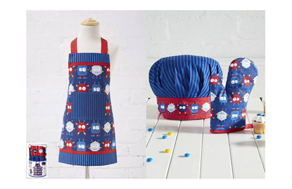 DELANTAL+GORRO+MANOPLA INFANTIL AMIGOS DEL ESPACIO