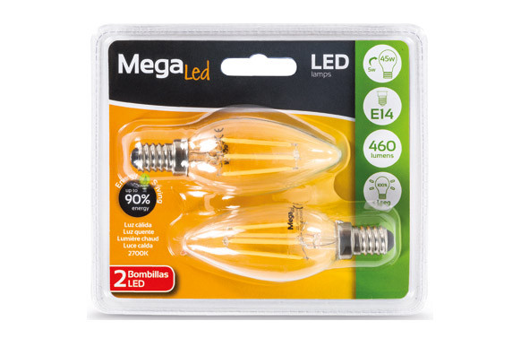 LAMPARA FILAMENTO LED VELA (2UNI) 5W E-14 LUZ CALIDA (2700K)
