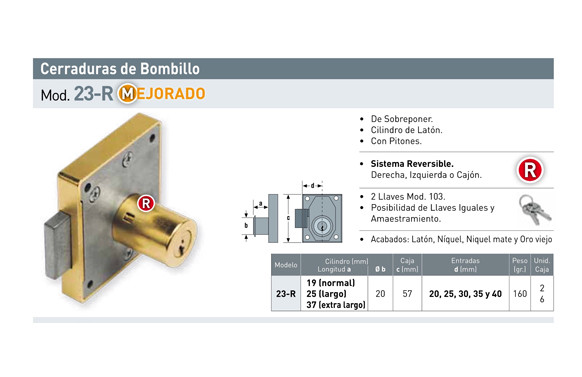 CERRADURA SOBREPONER MUEBLE BOMBILLO 19 MM 23R/30 MM LATONADA