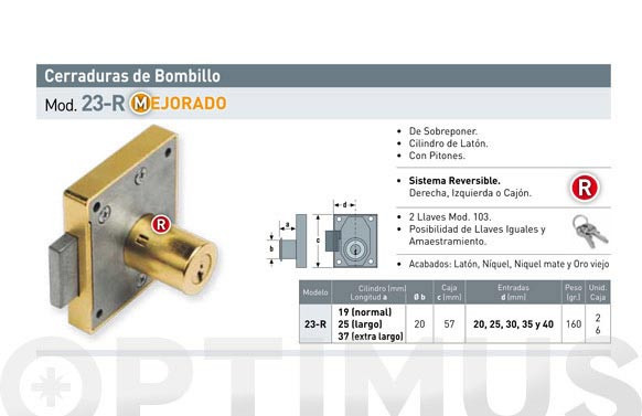 CERRADURA SOBREPONER MUEBLE BOMBILLO 25 MM 23R/30 MM NIQUEL MATE