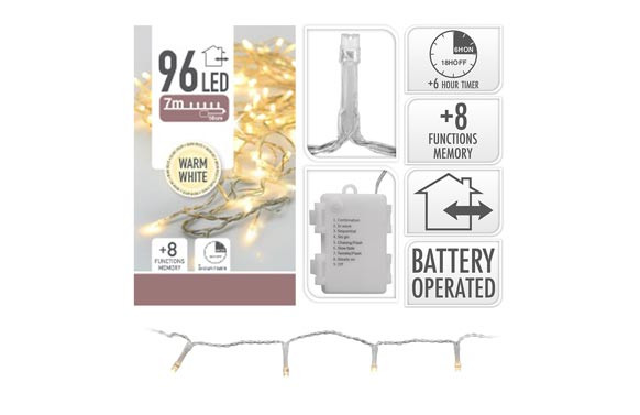GUIRNALDA LED EXT.A PILAS 8 FUNC/TEMPORIZADOR CABLBLANCO CALIDO-96L / 7M