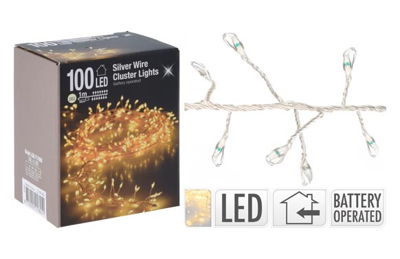 GUIRNALDA LED RACIMO INT.A PILAS HILO PLATABLANCO CALIDO-100L / 1M EXP