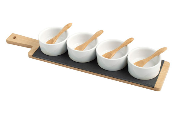 SET APERITIVO PIZARRA BAMBU RECTANGULAR 40X9CM BOLS BLANCOS