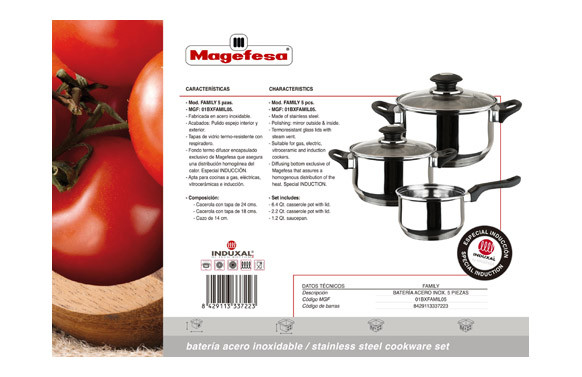 BATERIA ACERO INOX TAPA CRISTAL INDUCCION FAMILY 5 PIEZAS